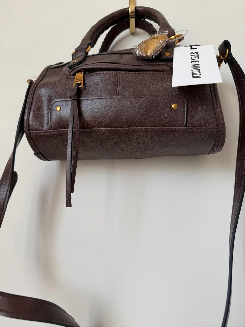 Brown Leather Mini Satchel bag with rhinestone heart charm gold hardware